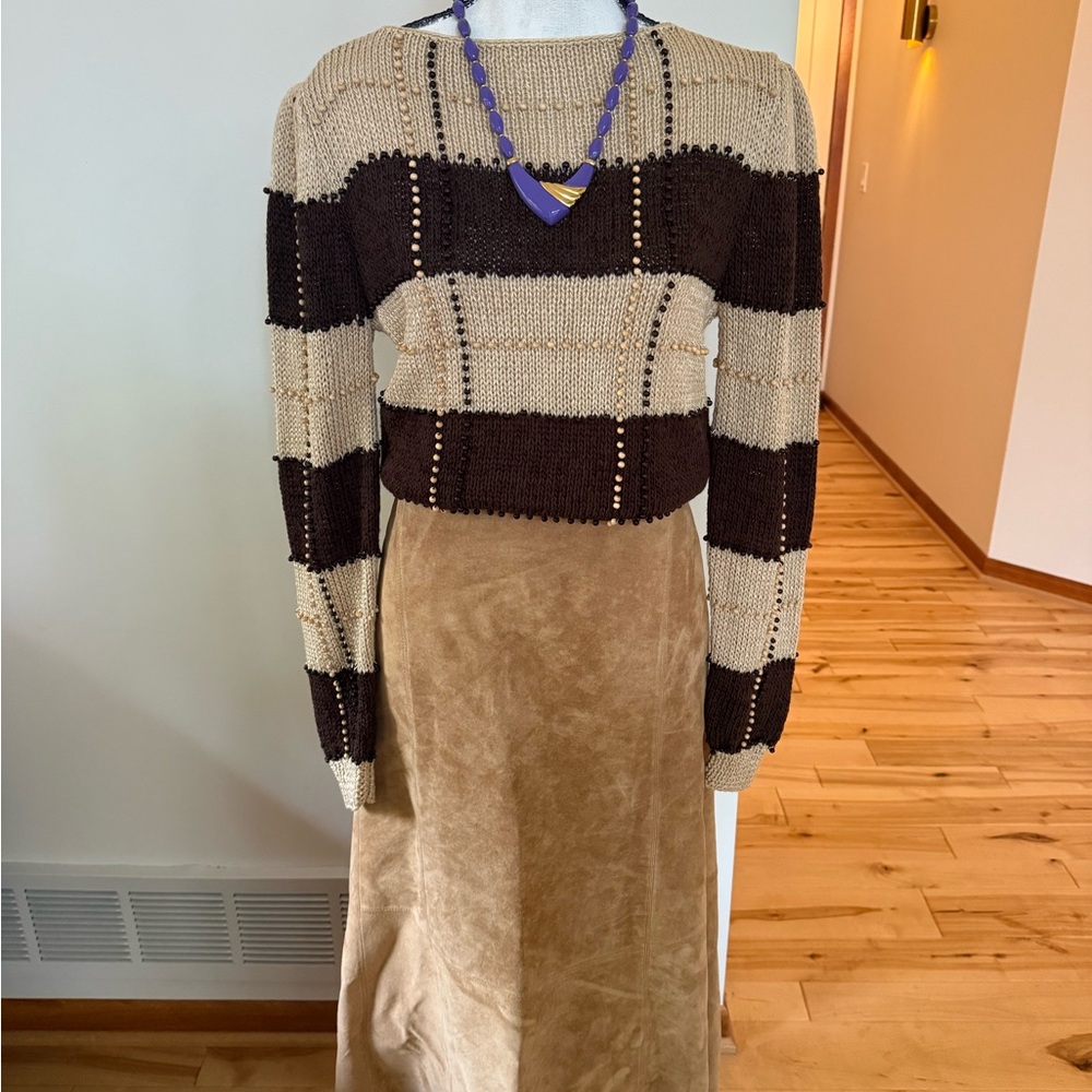 Chocolate Brown and Cream Striped Sweater w tiny wooden beads- Vintage Nannell